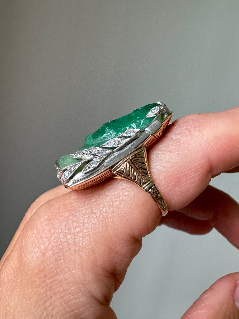 Antique Art Deco Carved Emerald Cameo and Diamond Ring of a
