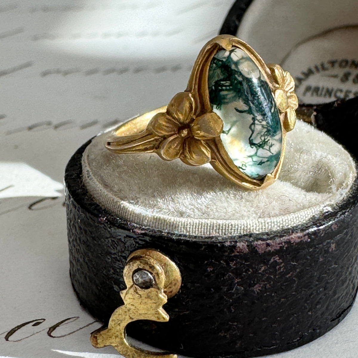 American Art Nouveau Jones & Woodland Co. Moss Agate Pinky