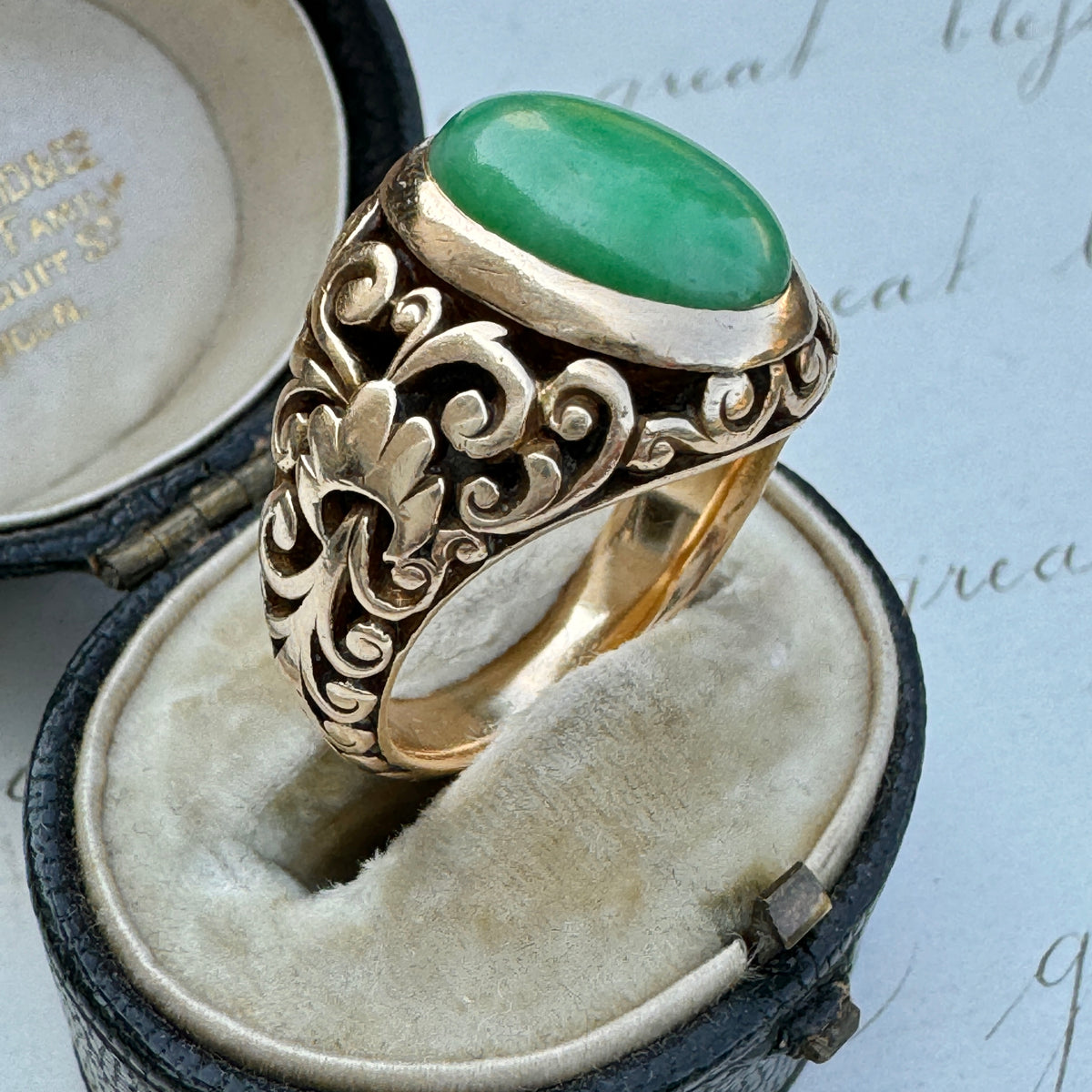 Antique 14K Jade Cabochon Ring - Natural Jade with Mason Kay