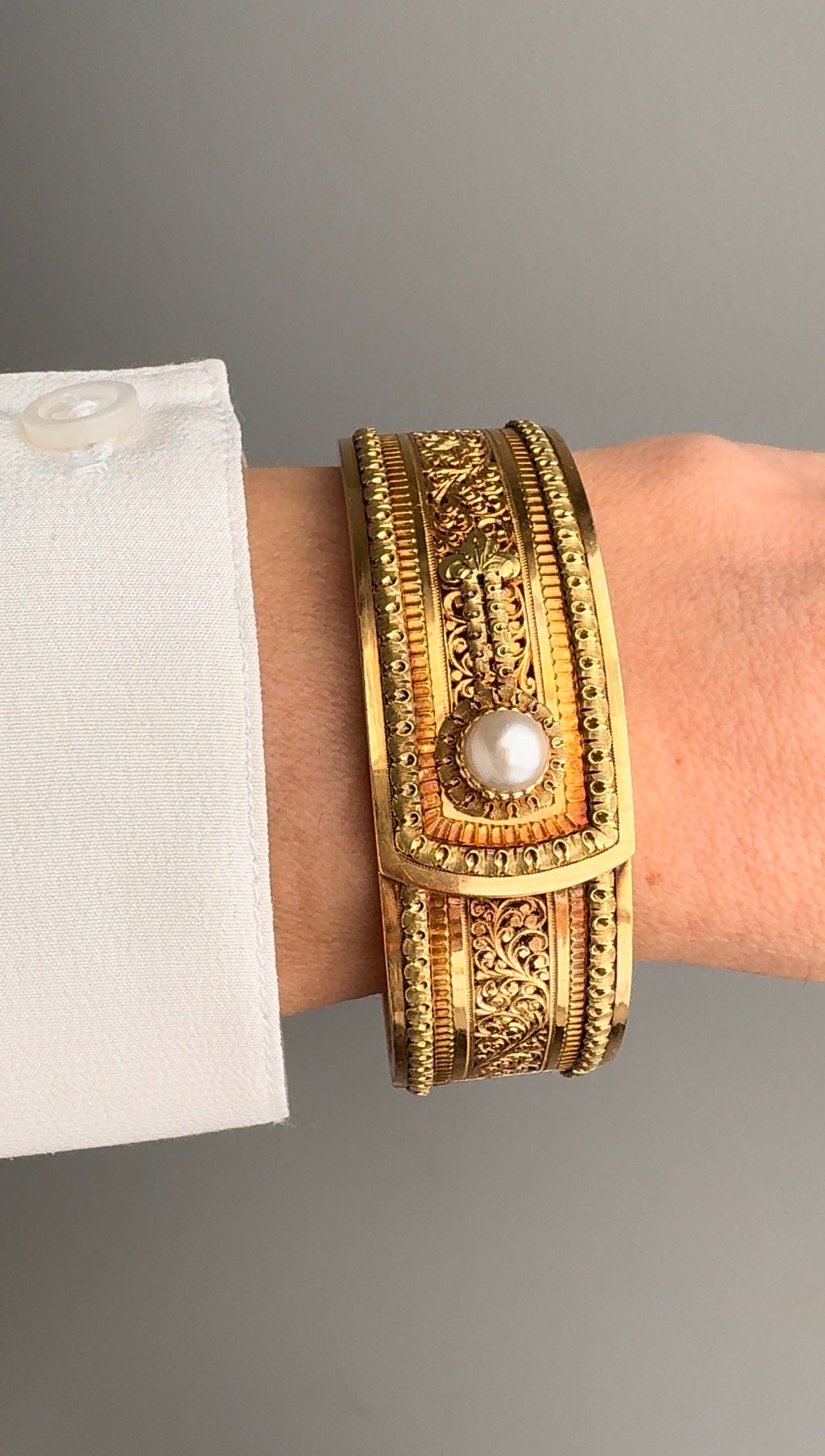 French Antique 18K Pearl Button Cuff Bangle Bracelet - Auguste Lahaye ...
