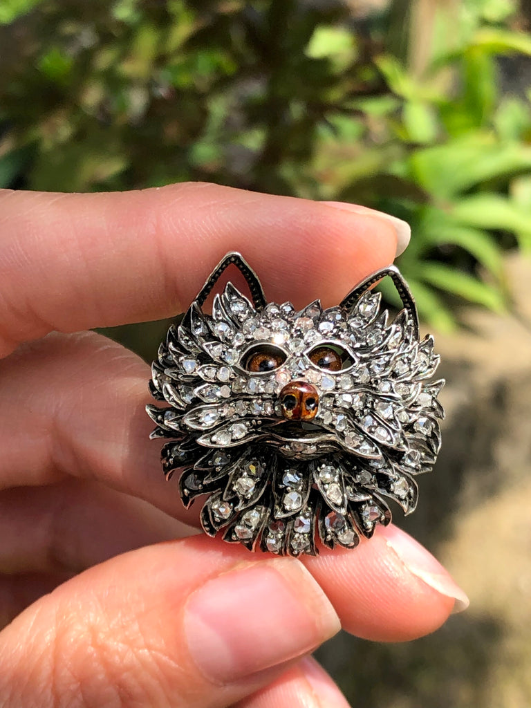 Antique French Enamel and Diamond Fox or Dog Head Brooch c1880