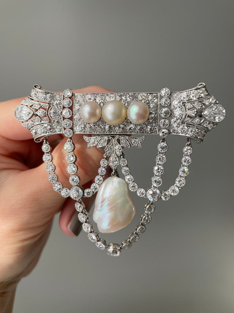 Edwardian Diamond, Pearl and Platinum Pendant Brooch, Garland Era